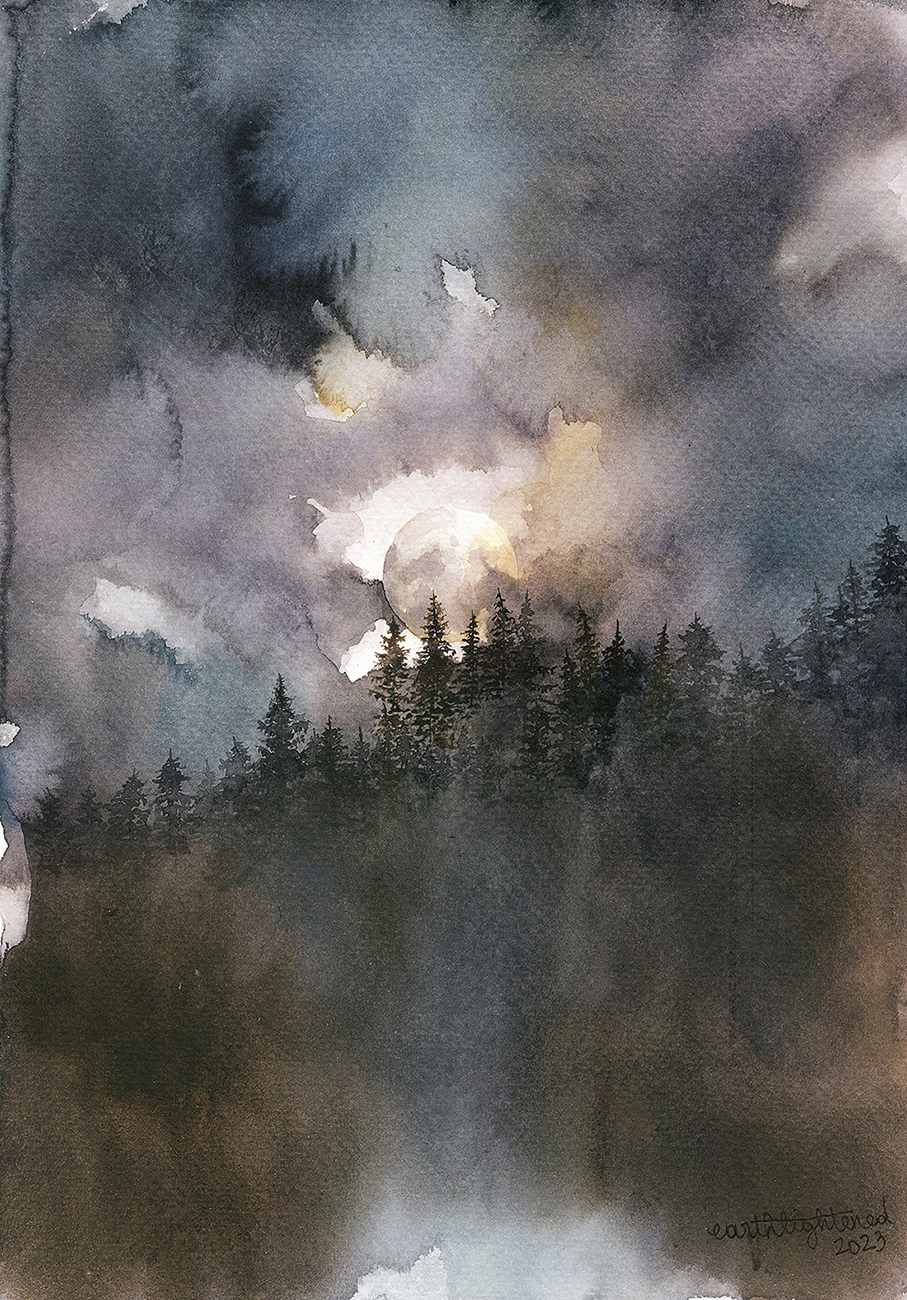 Earthlightened Une nuit de pleine lune Aquarelle 21x30 1