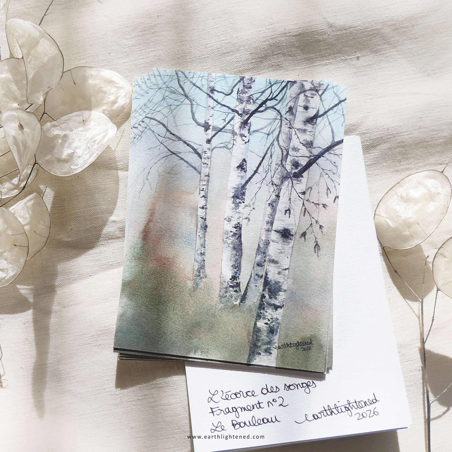 Peinture originale à l'aquarelle du bouleau signée, incluse dans l'abonnement du courrier poétique